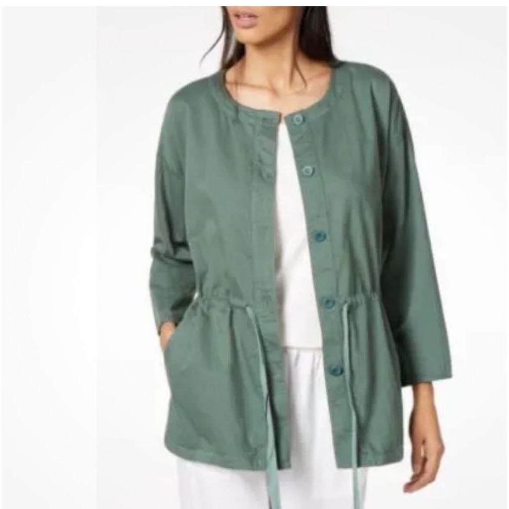 Eileen Fisher Green Soft Cotton Twill Drawnstring Waist Jacket Medium